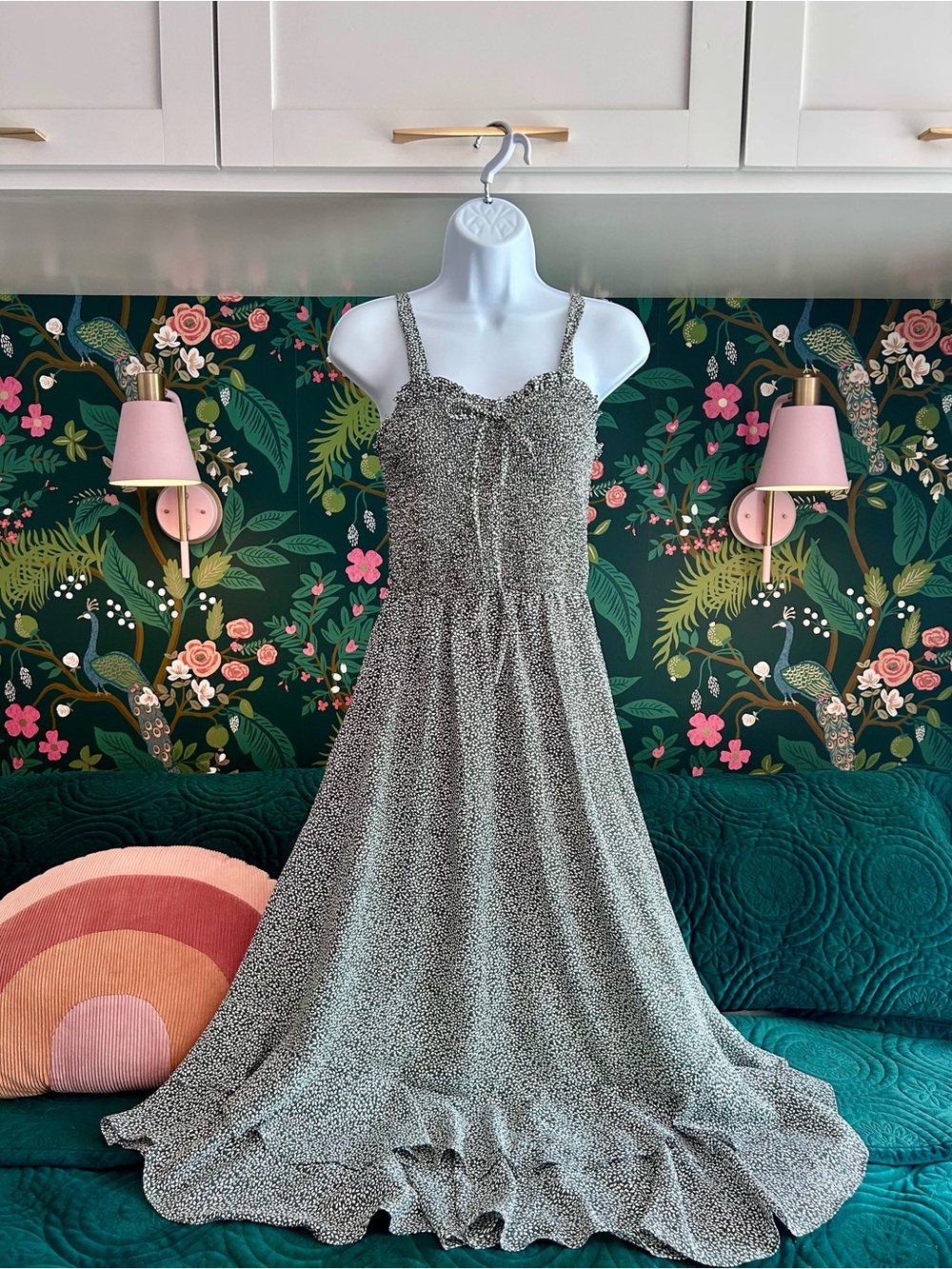 GRACE KARIN Smocked Floral Maxi Dress Small Green White Tiered Boho Sundress